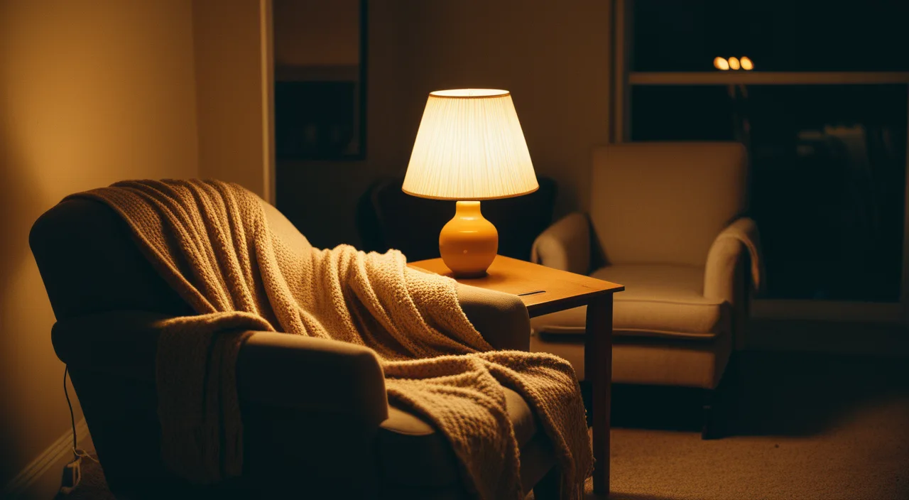 A warm reading lamp beside an armchair with a folded blanket in a calm dim room