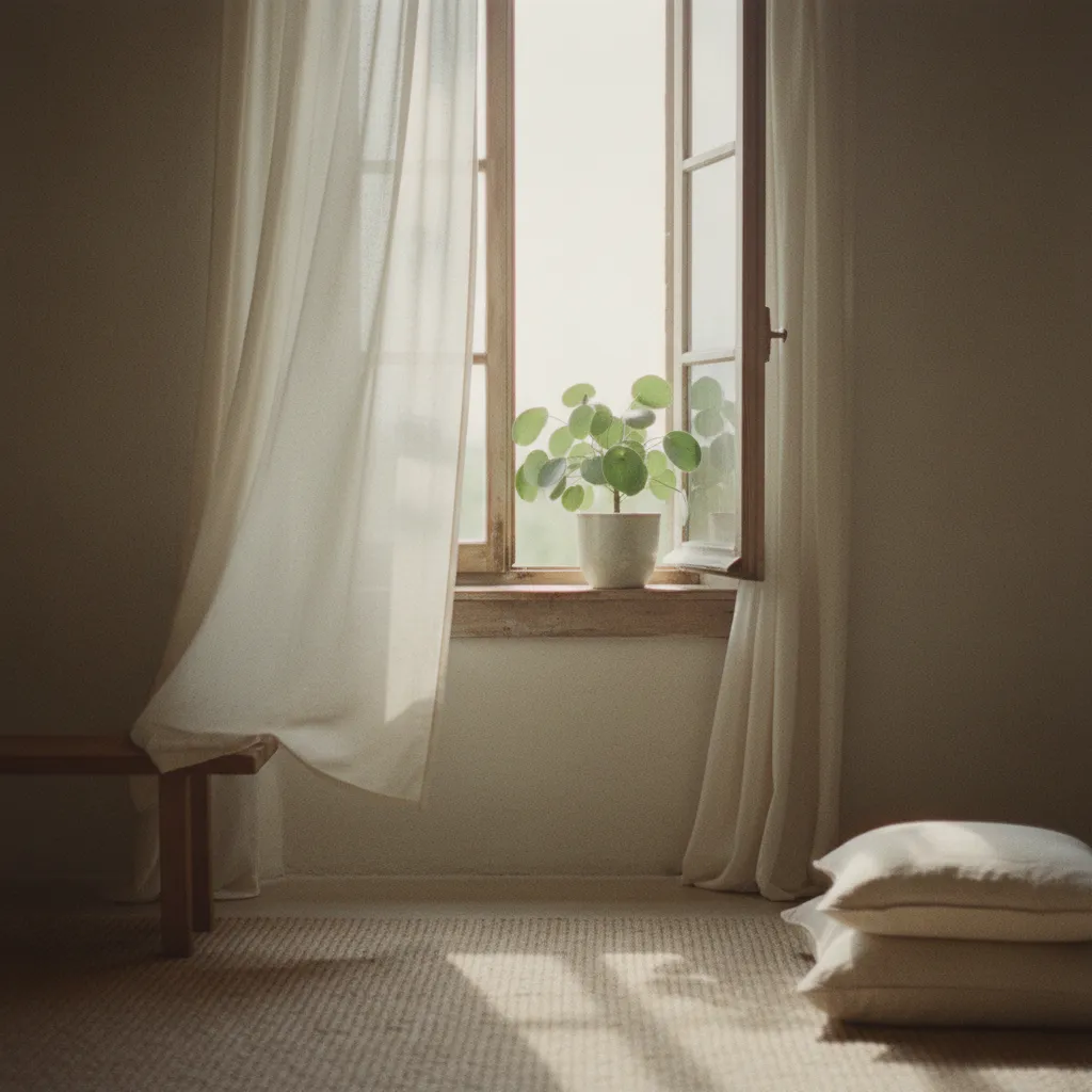 A calm, softly lit room with an open window letting in gentle daylight and air, a sense of letting the ordinary world back in