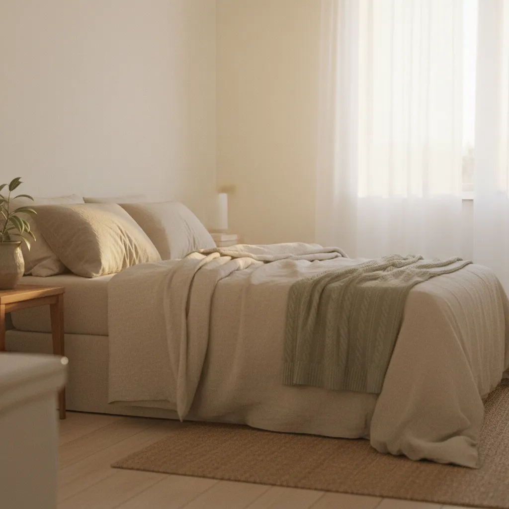 Soft early-morning light through a window onto a calm, tidy bedroom, a quiet sense of a new day