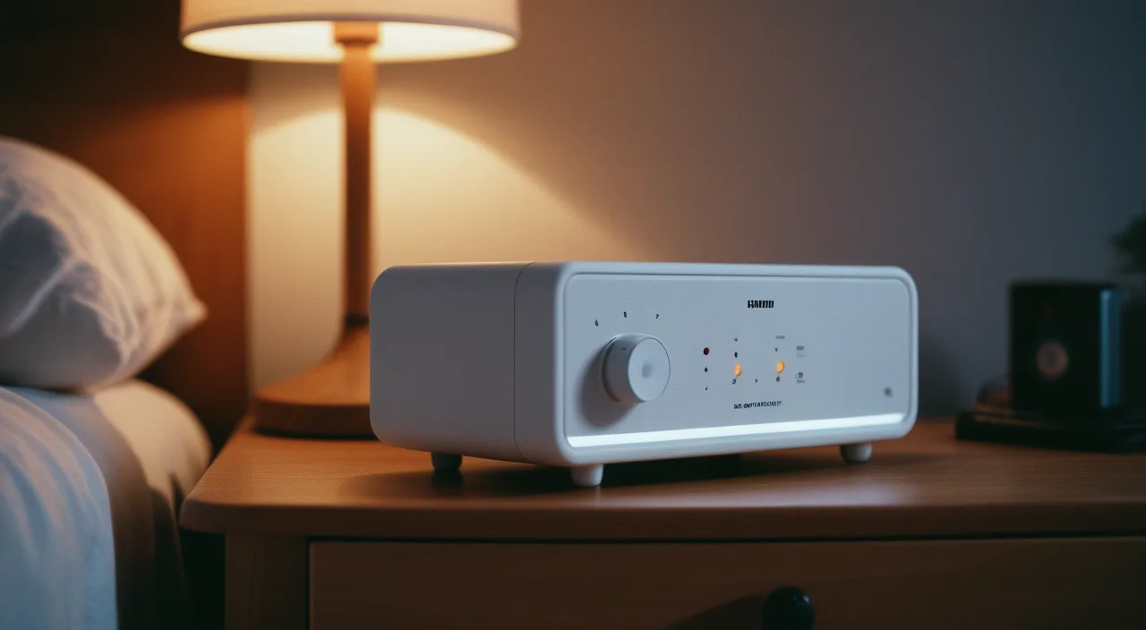 A small bedside sound machine glowing softly in a dim, calm bedroom