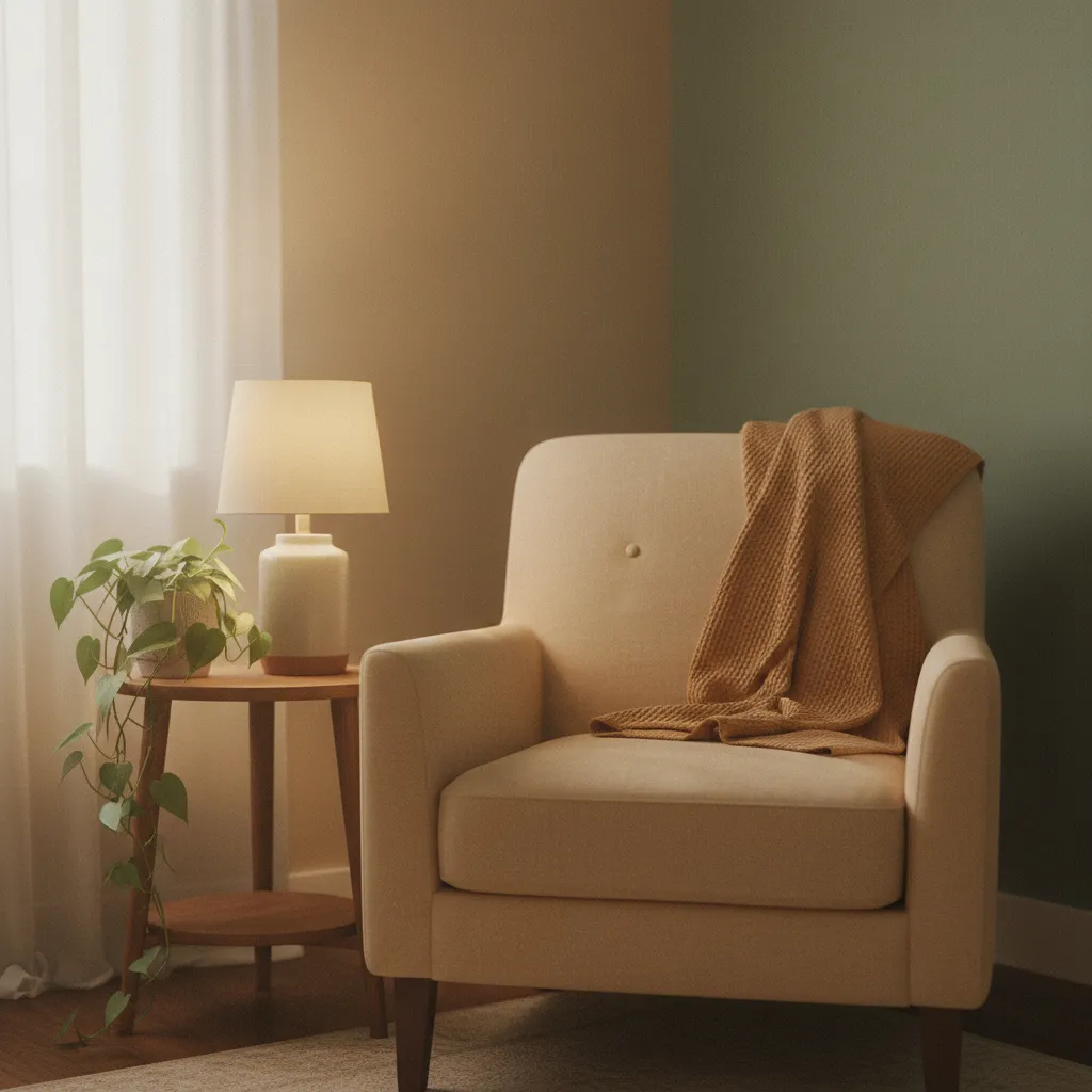 A calm warm interior with soft daylight and a comfortable chair, a sense of steady recovery rather than a clinic