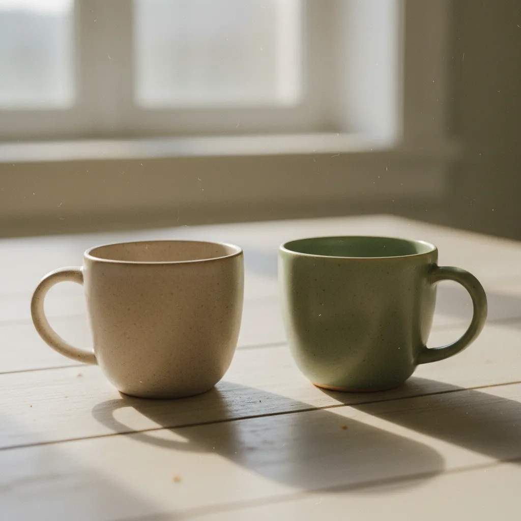 A calm desk by a window with two simple objects side by side in soft warm light, suggesting comparison