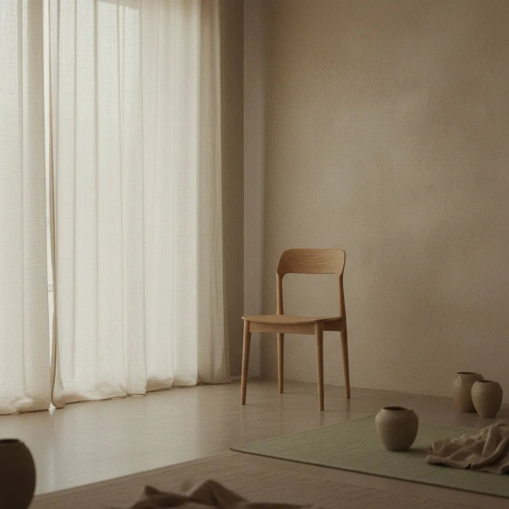 A calm minimalist interior with soft daylight through sheer curtains, quiet and orderly