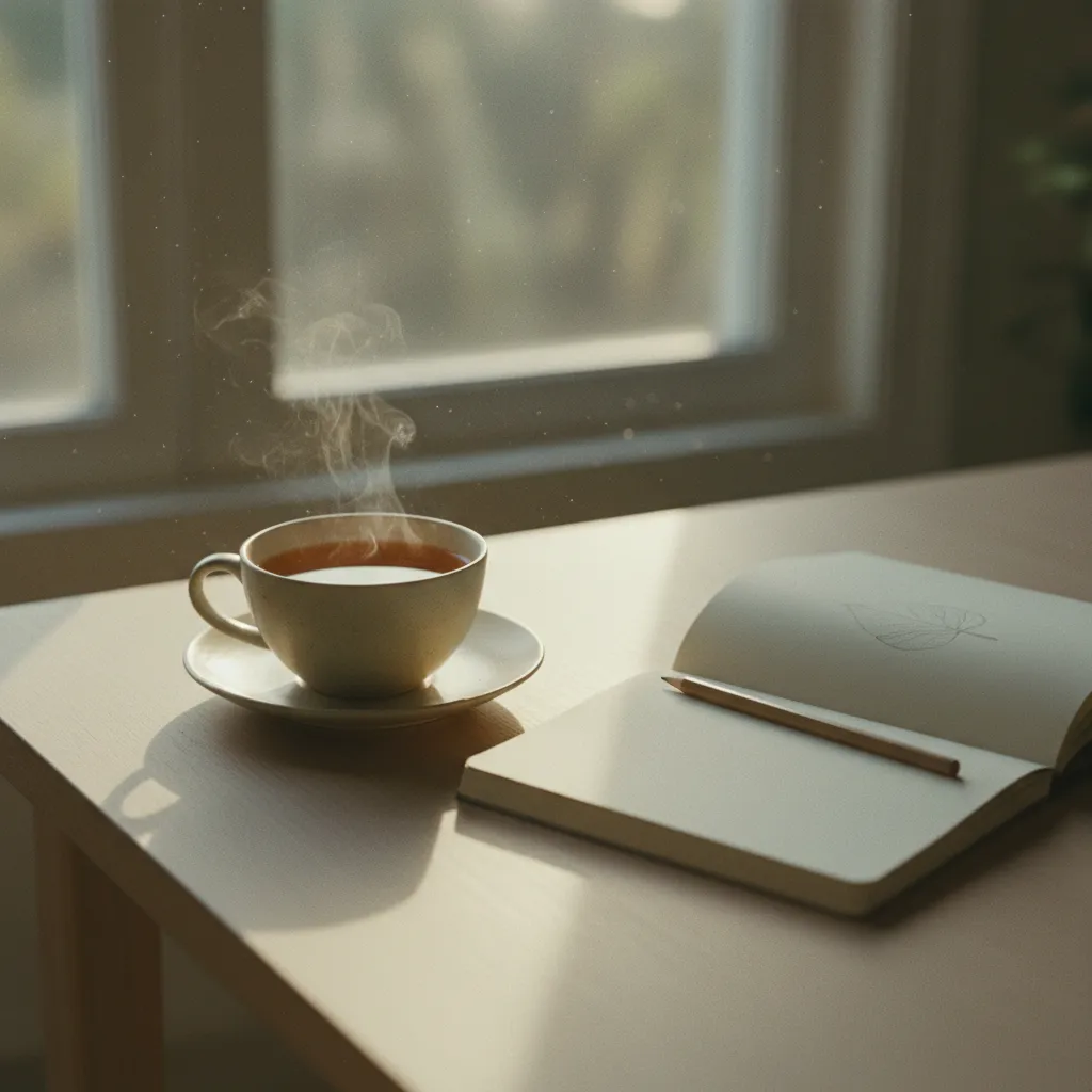 A calm cup of tea and an open notebook on a wooden table by a window in soft morning light