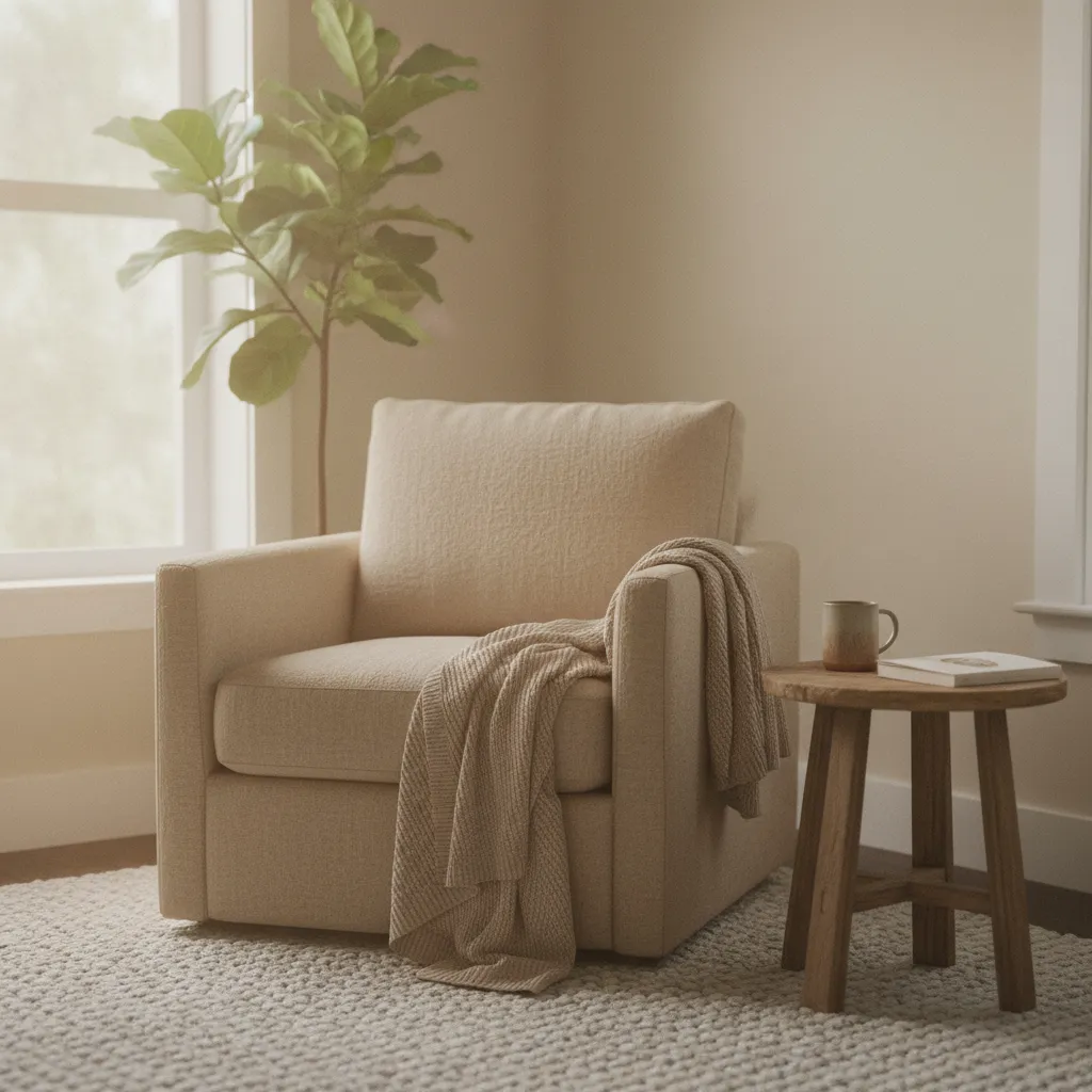 A calm, reassuring quiet corner with a comfortable chair, a leafy plant and soft daylight